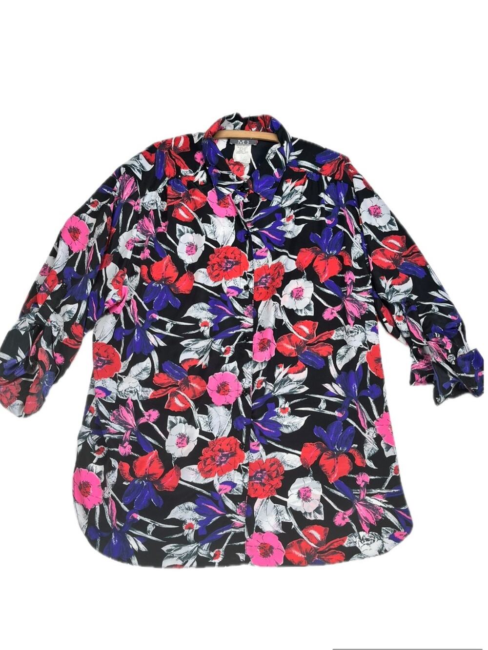 Vintage Plus Size Bright Floral Shirt 26W Black Pink & Purple Button Tab Sleeves